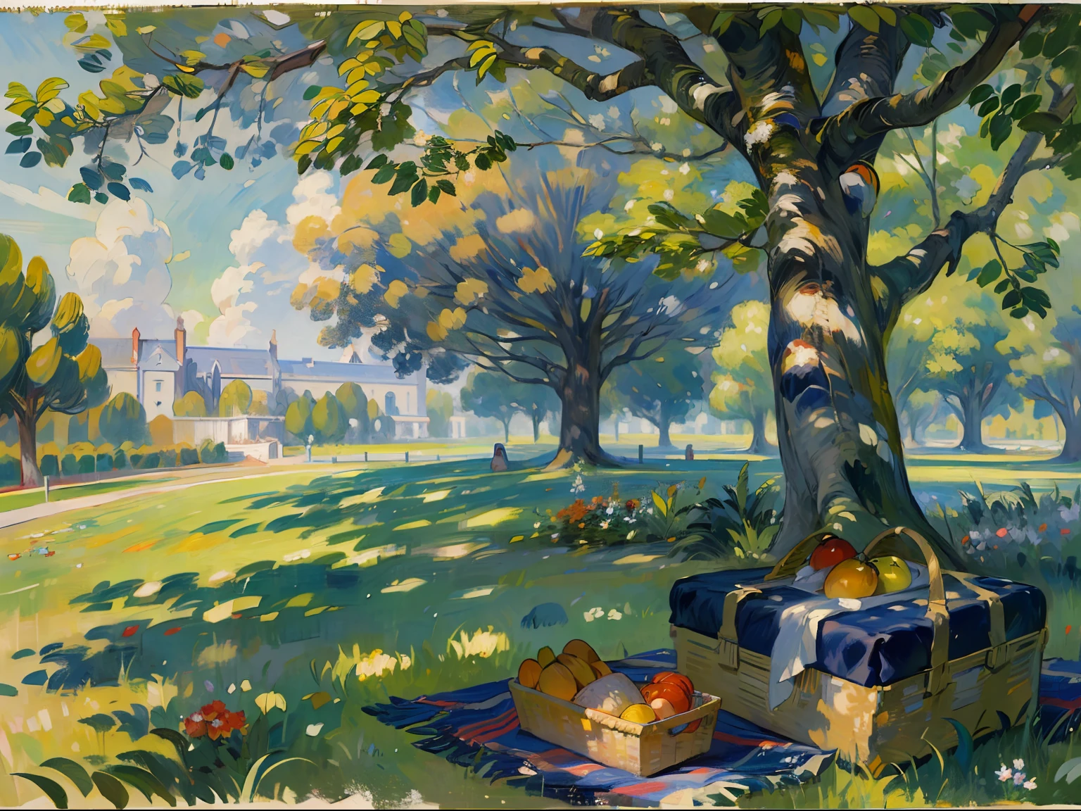 ((a tree)), ((oak)), ((ombre)), ((blanket)), ((picnic basket)), grass, Flowers, estate, palace, columns, ((19th century)), (Renoir), (Monet), (oil painting)