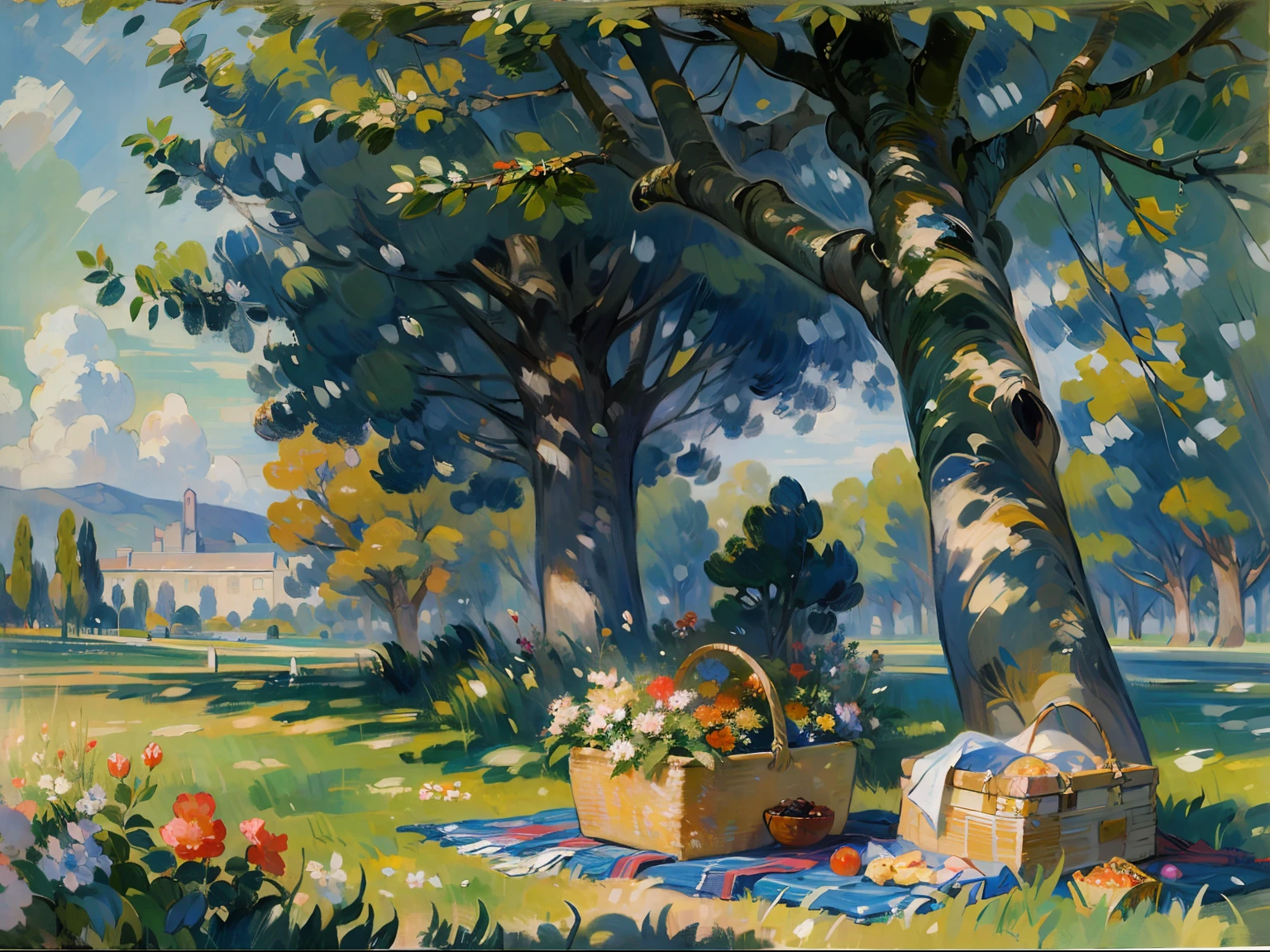((Un arbre)), ((Chêne)), ((ombre)), ((couverture)), ((panier pique-nique)), herbe, fleurs, domaine, palais, Colonnes, ((19ème siècle)), (Renoir), (Beaucoup), (peinture à l&#39;huile)