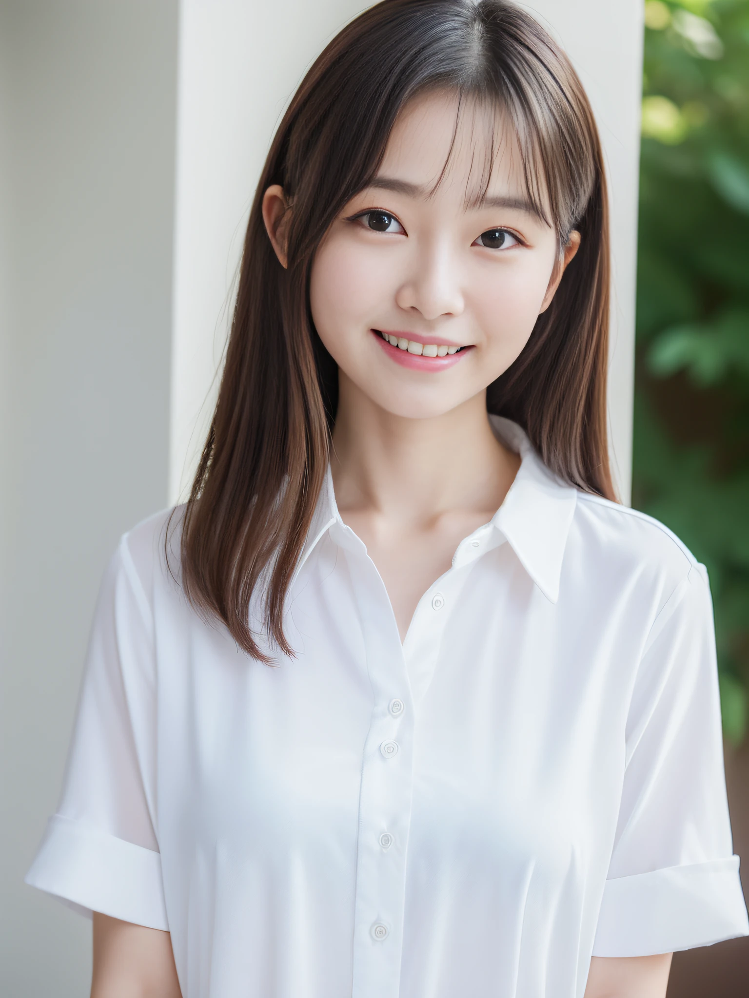 ((Best Quality, 8K, masutepiece:1.3)), Perfect Body Beauty:1.4, Highly detailed face and skin texture, Fine eyes, Double eyelids, Whitening skin, Medium Hair, Gentle smile, Young Girl, Cute Girl, Wear only a white long shirt