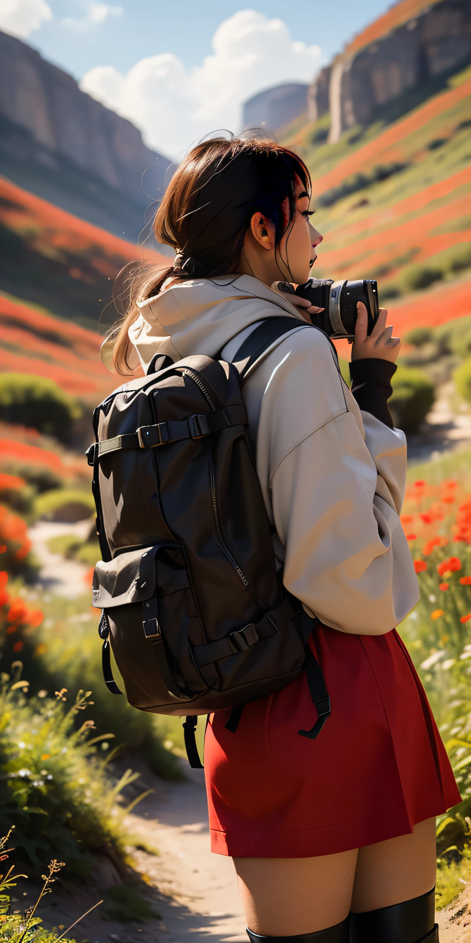 Una hermosa joven aventurera estilo manga de botas con una mochila en la espalda mirando un hermoso paisaje con una cámara en la mano tomando fotos temáticas en color rojo ultra realista 8k