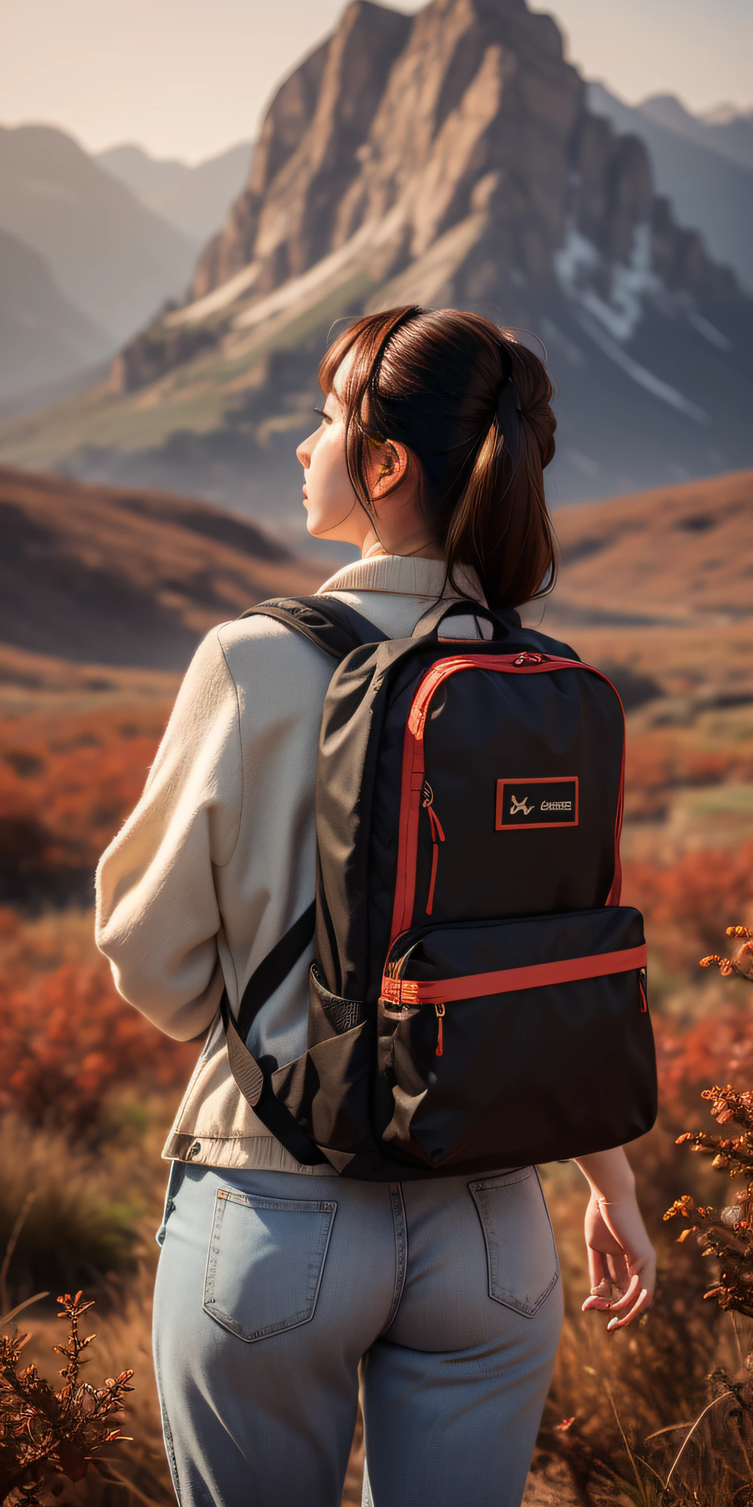 一位美丽的年轻冒险家穿着靴子风格的步道，背着背包，看着美丽的风景，手里拿着相机，用超逼真的红色 8k 拍摄主题照片
