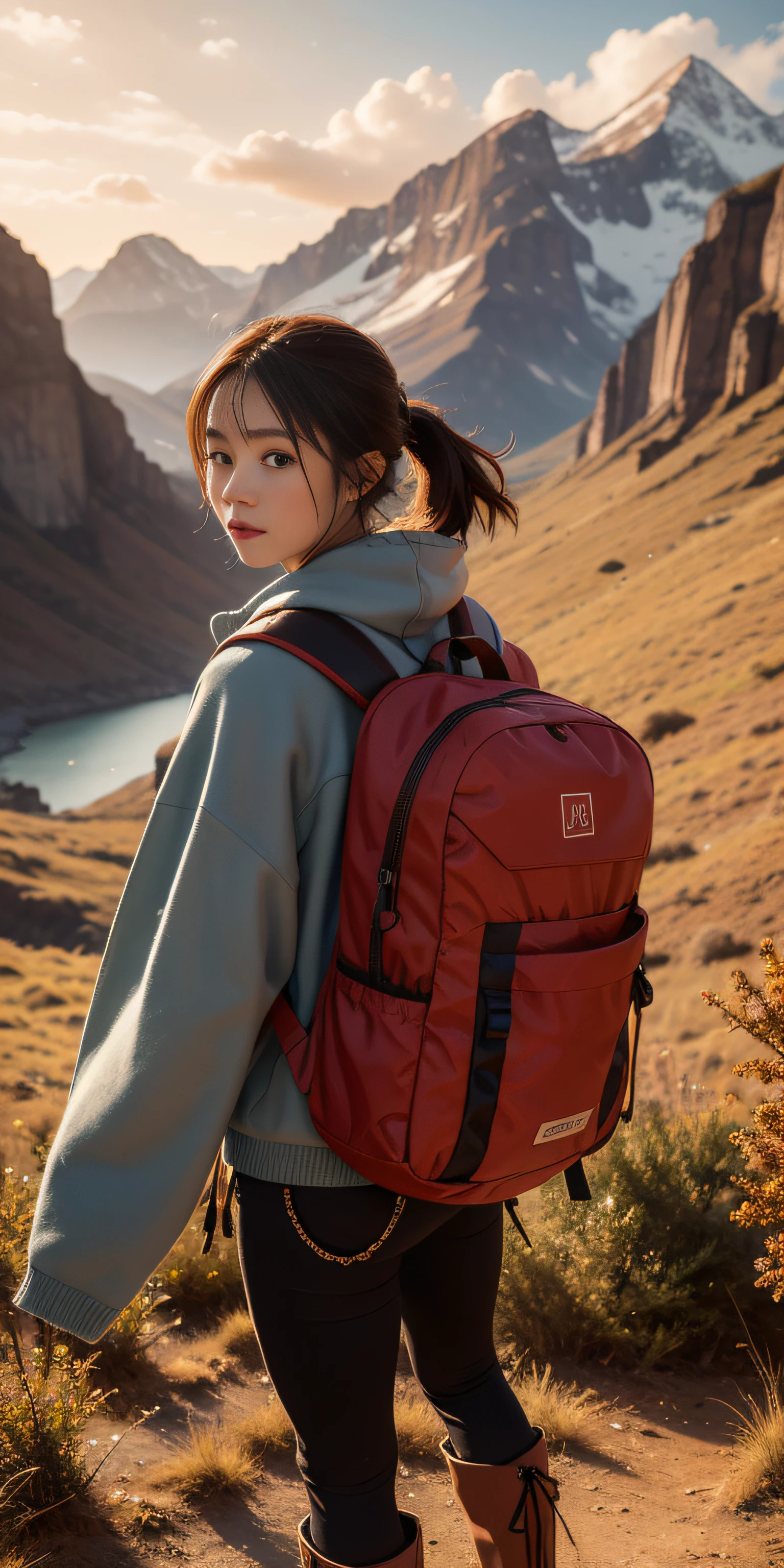Красивая молодая авантюристка в стиле сапог с рюкзаком на спине смотрит на красивый пейзаж с камерой в руке и делает тематические фотографии в ультрареалистичном красном цвете 8k