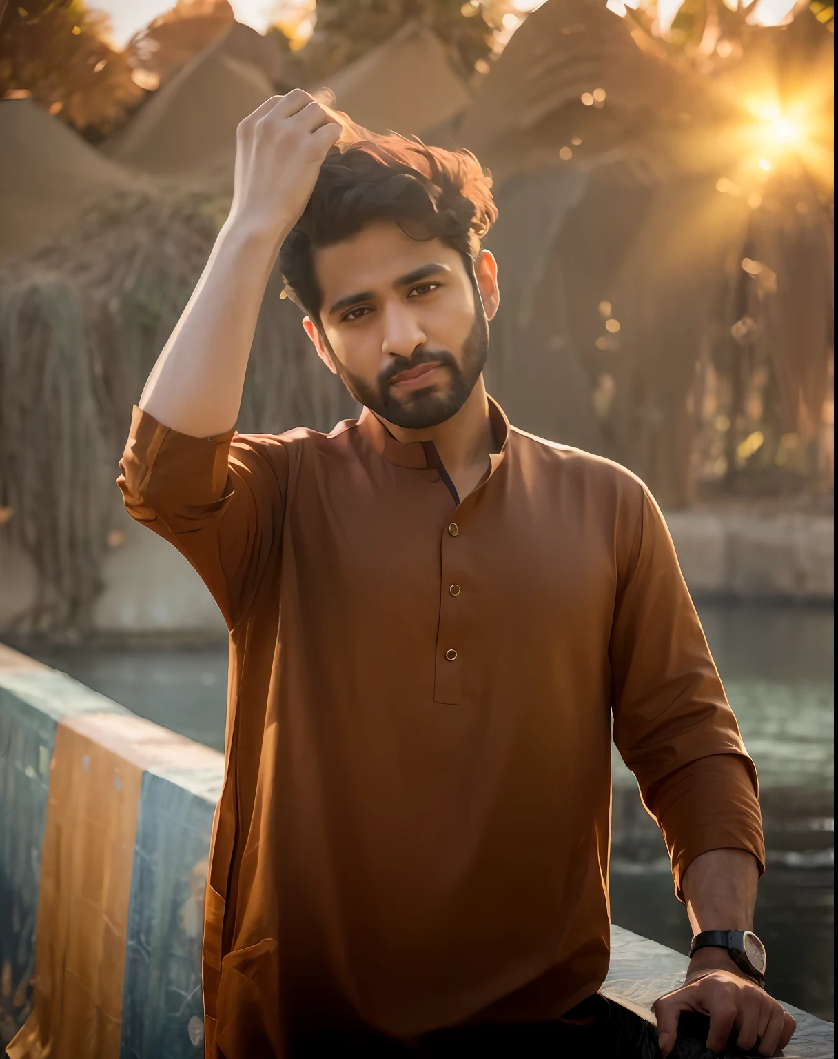 arafed man with a beard and a brown shirt standing on a bridge, wearing a kurta, wearing a silk kurta, mid shot portrait, brown shirt, modeling shoot, handsome man, high quality portrait, profile pic, kyza saleem, brown clothes, portrait shot, during golden hour, profile picture 1024px, model posing