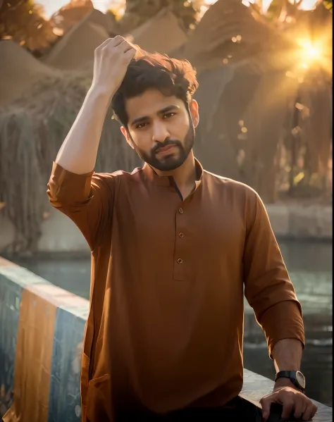 arafed man with a beard and a brown shirt standing on a bridge, wearing a kurta, wearing a silk kurta, mid shot portrait, brown ...