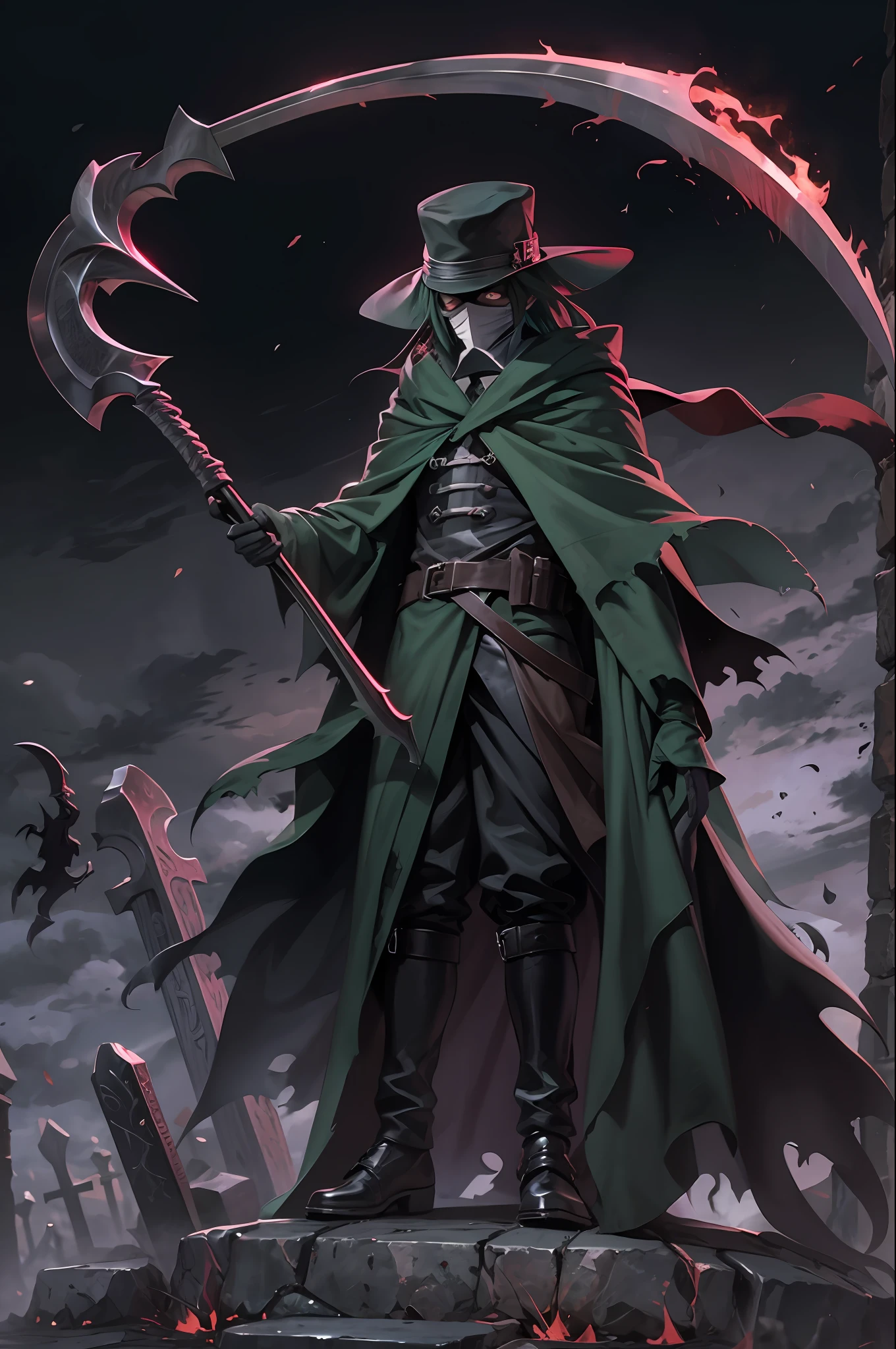 "izuku_midoriya as grim_reaper wearing plague_doctor_clothes, holding_menacing_scythe, standing cementary, bathed crimson_moonlight"