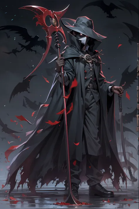 "izuku_midoriya as grim_reaper wearing plague_doctor_clothes, holding_menacing_scythe, standing cementary, bathed crimson_moonli...