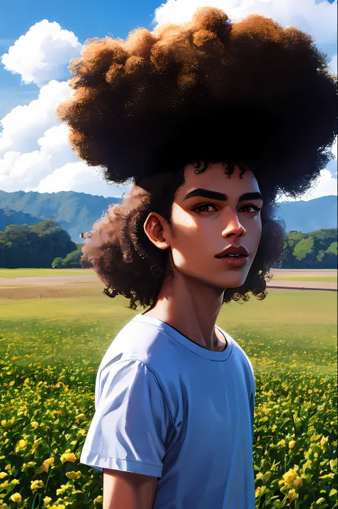 Arafed man with curly hair standing in a field, caio santos, em torno de 1 9 anos, Fotografia selfie 8k, com afro, mateus 9 5, c...