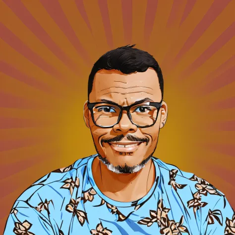 guttonerdvision7, illustration of a light brown-skinned man wearing glasses, short hair, brown eyes, cartoon style