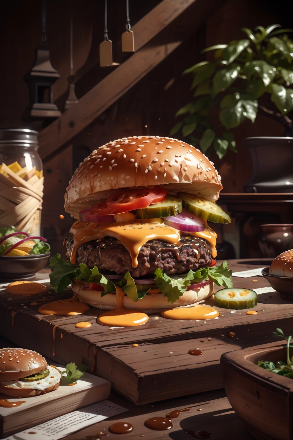 (obra-prima, qualidade superior, melhor qualidade, bonito e estético: 1.2), extremamente detalhado, mais alto detalhado, Hamburger,
foto hambúrguer, bonsai, monstro