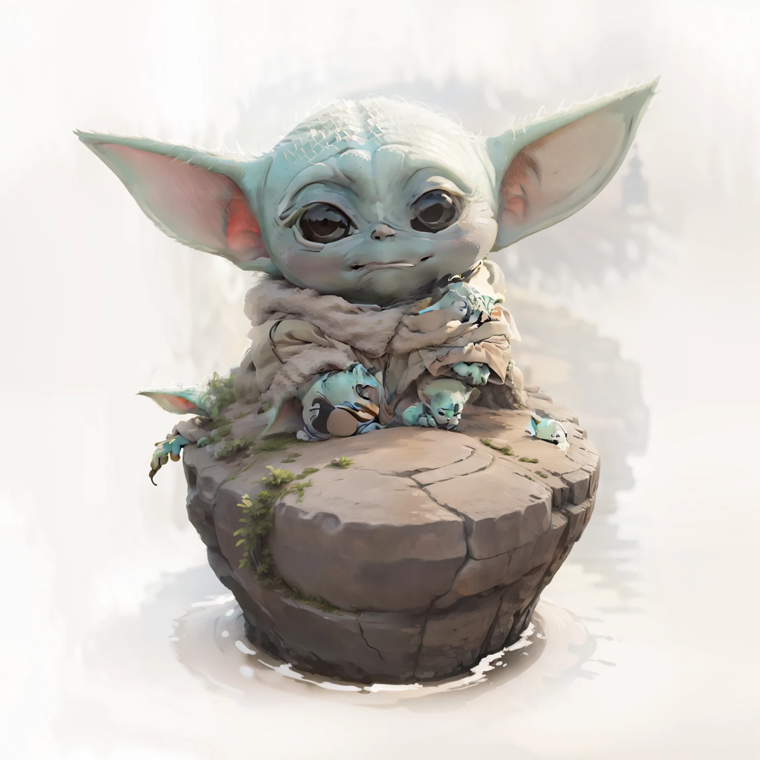 Baby Yoda on top of a rock, Studio Ghibli style, 2D Design vector sticker white background