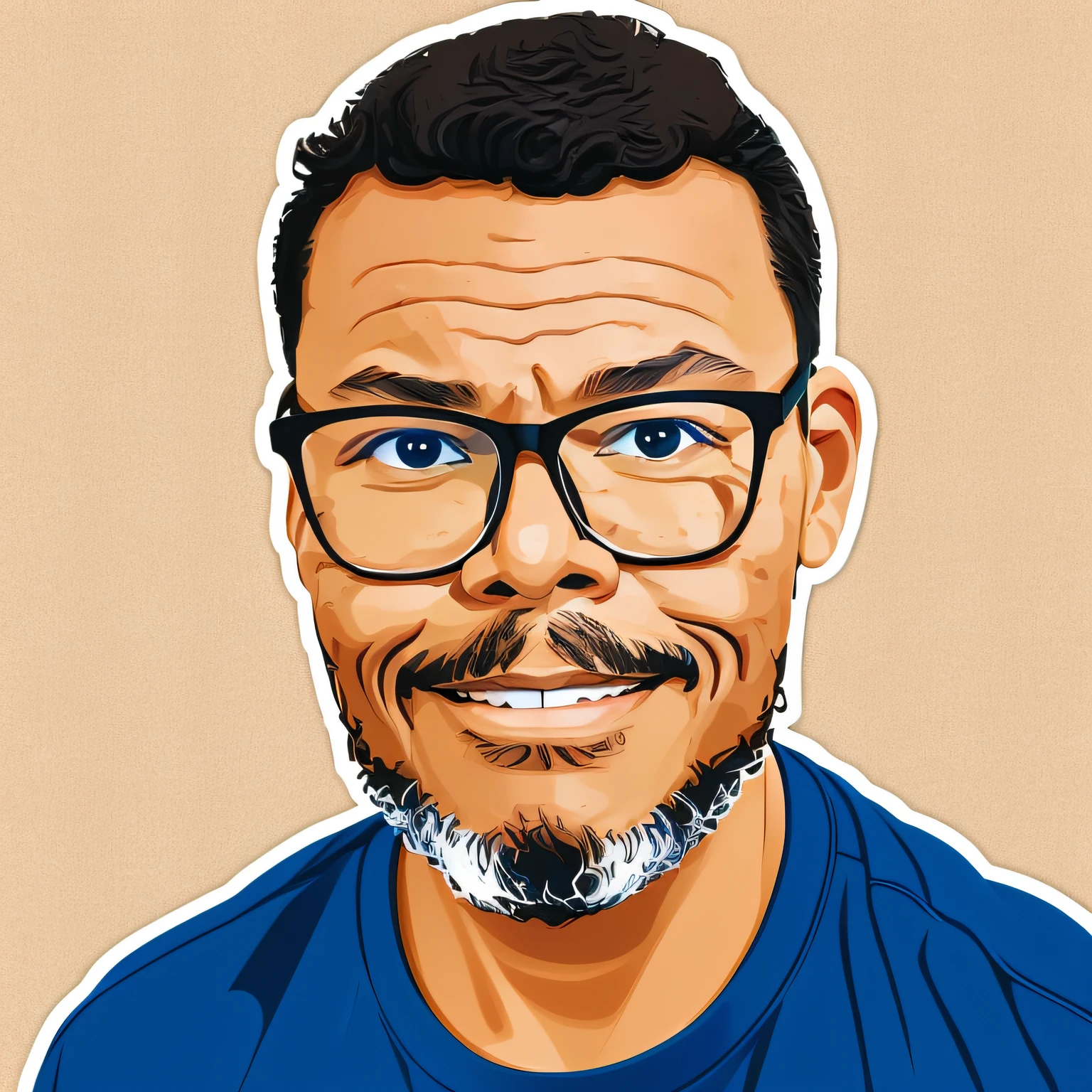 guttonerdvision7, 2d illustration of light brown-skinned man wearing glasses, short hair, brown eyes, cartoon style, sticker style with white border