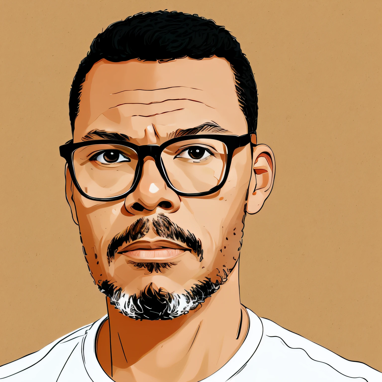 guttonerdjul23, 2d illustration of light brown skinned man wearing glasses, short hair, olhos castanhos, estilo dos desenhos animados, estilo adesivo com borda branca