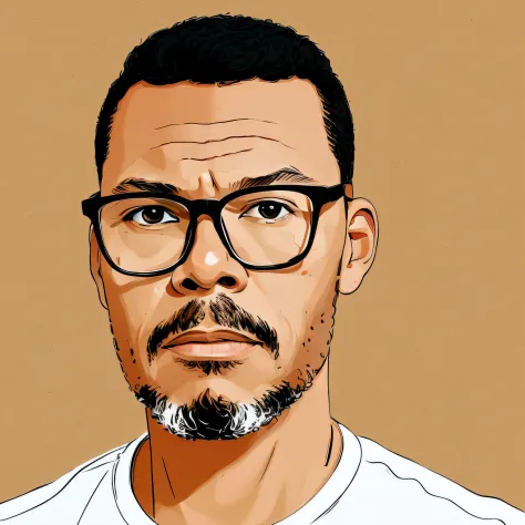 guttonerdjul23, 2d illustration of light brown skinned man wearing glasses, short hair, olhos castanhos, estilo dos desenhos ani...
