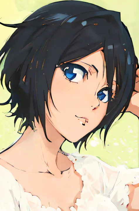 Menina anime com cabelo preto e olhos azuis usando um vestido branco, Fubuki, Sui Ishida com cabelo preto, visual anime de uma j...