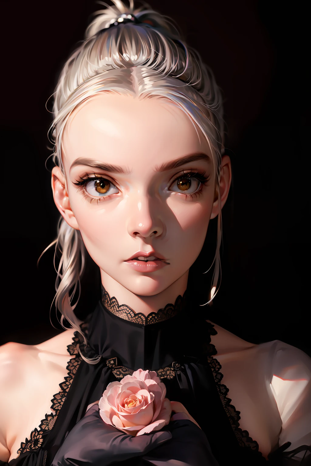 3DMM,1girl,ATLJ,Best quality, masterpiece, ultra high res, (photorealistic:1.5), raw photo, 1girl, silver hair, hazel eyes, offshoulder, in the dark, deep shadow, frontal, straight-eyed, ponytail, magical colorful garden, masterpiece, best quality,