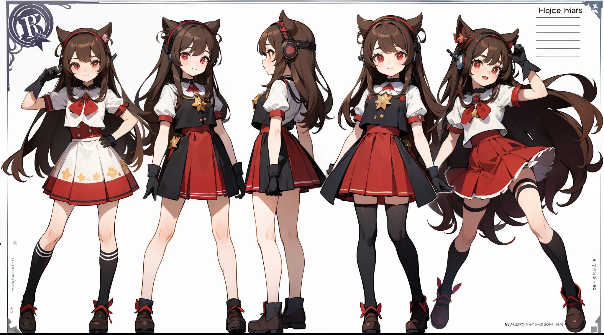 ((Masterpiece, highest quality)), detailed face, character sheet, Full body, full of details, multiple poses and expressions, highly detailed, depth, many parts, 1girl, girl in a skirt and headphones, :3, idol, magical girl, long hair, bangs, brown hair, black crop top, red skirt, gloves, stockings, black choker, red eyes, star (symbol), symbol-shaped pupils,
