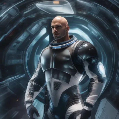 a realistic handsome naked muscular athletic bald man wearing a revealing transparent black and white uniform and jockstrap, as a future astronaut space trooper in a spaceship, dynamic pose, full body image, dynamic pose, seen from a low angle