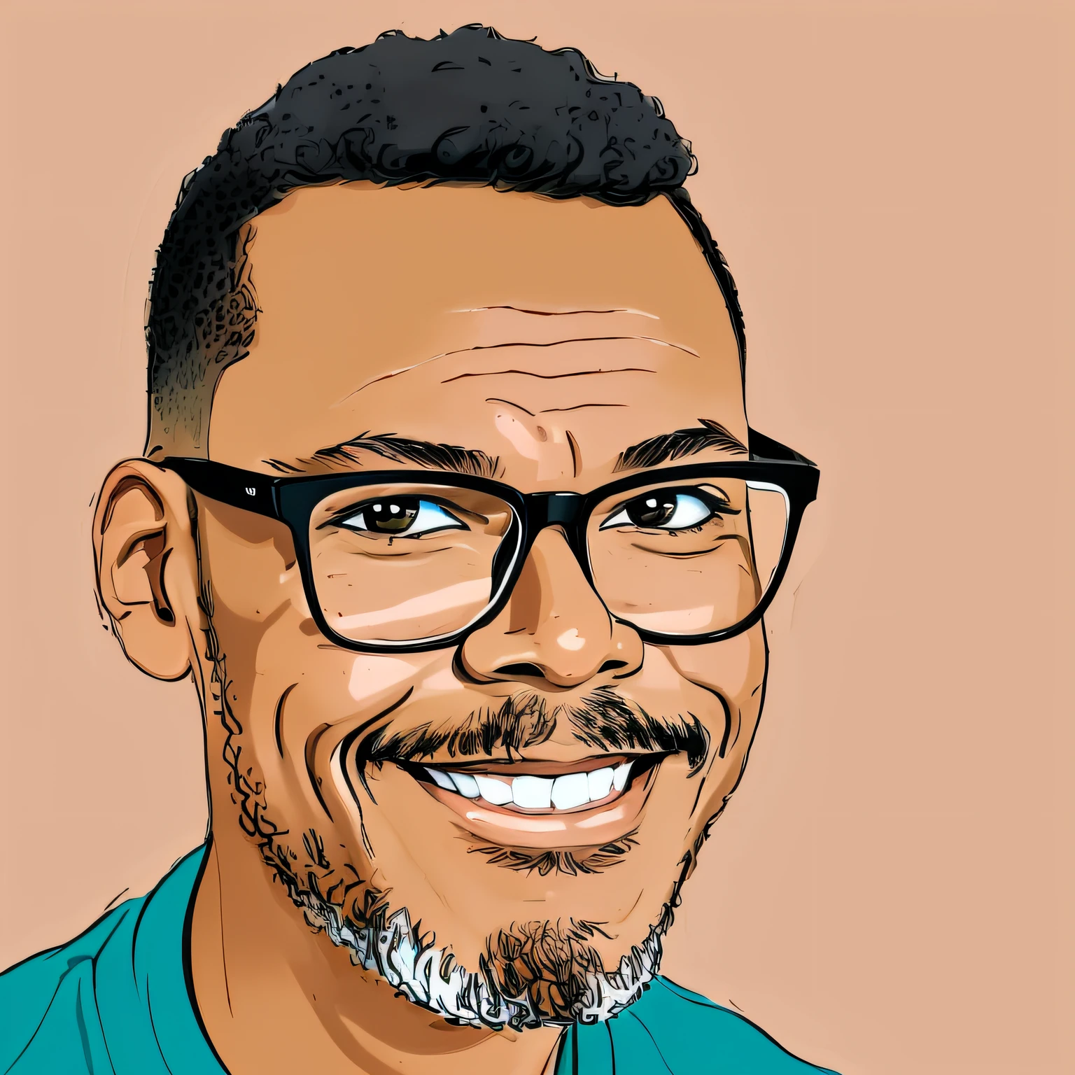 guttonerdjul23, 2d illustration of light brown skinned man wearing glasses, sorriso de paquera, short hair, olhos castanhos, estilo dos desenhos animados, estilo adesivo com borda branca