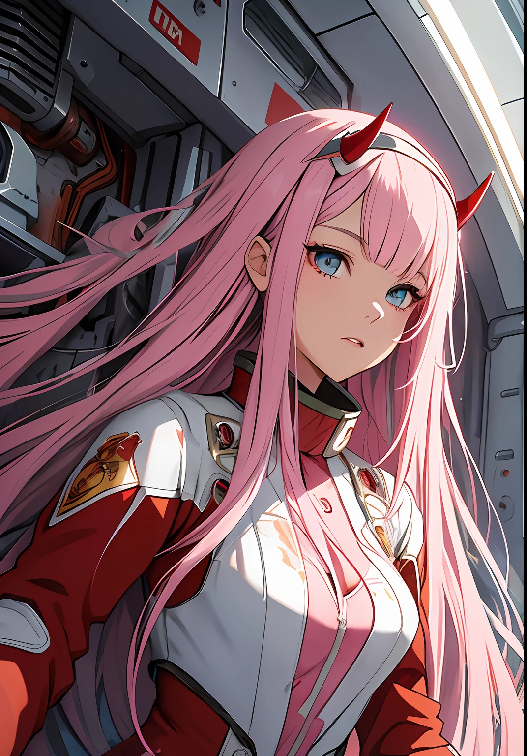 Masterpiece, top quality, best quality, official art, beautiful and aesthetic, anime, 1girl, Zero Two, extremely detailed, colorful, more detailed ((ultra-detailed)), (highly detailed CG illustration), solo, pink hair, pair of horns, verd s eyes, long hair, (focus on character), pilot outfit, red bodysuit with white details, science fiction, blood