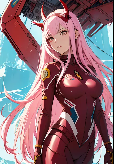 Masterpiece, top quality, best quality, official art, beautiful and aesthetic, anime, 1girl, Zero Two, extremely detailed, color...