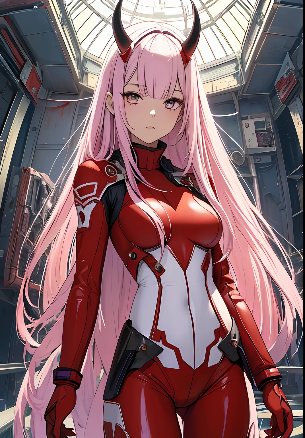 Masterpiece, top quality, best quality, official art, beautiful and aesthetic, anime, 1girl, Zero Two, extremely detailed, colorful, more detailed ((ultra-detailed)), (highly detailed CG illustration), solo, pink hair, pair of horns, verd s eyes, long hair, (focus on character), pilot outfit, red bodysuit with white details, science fiction, blood