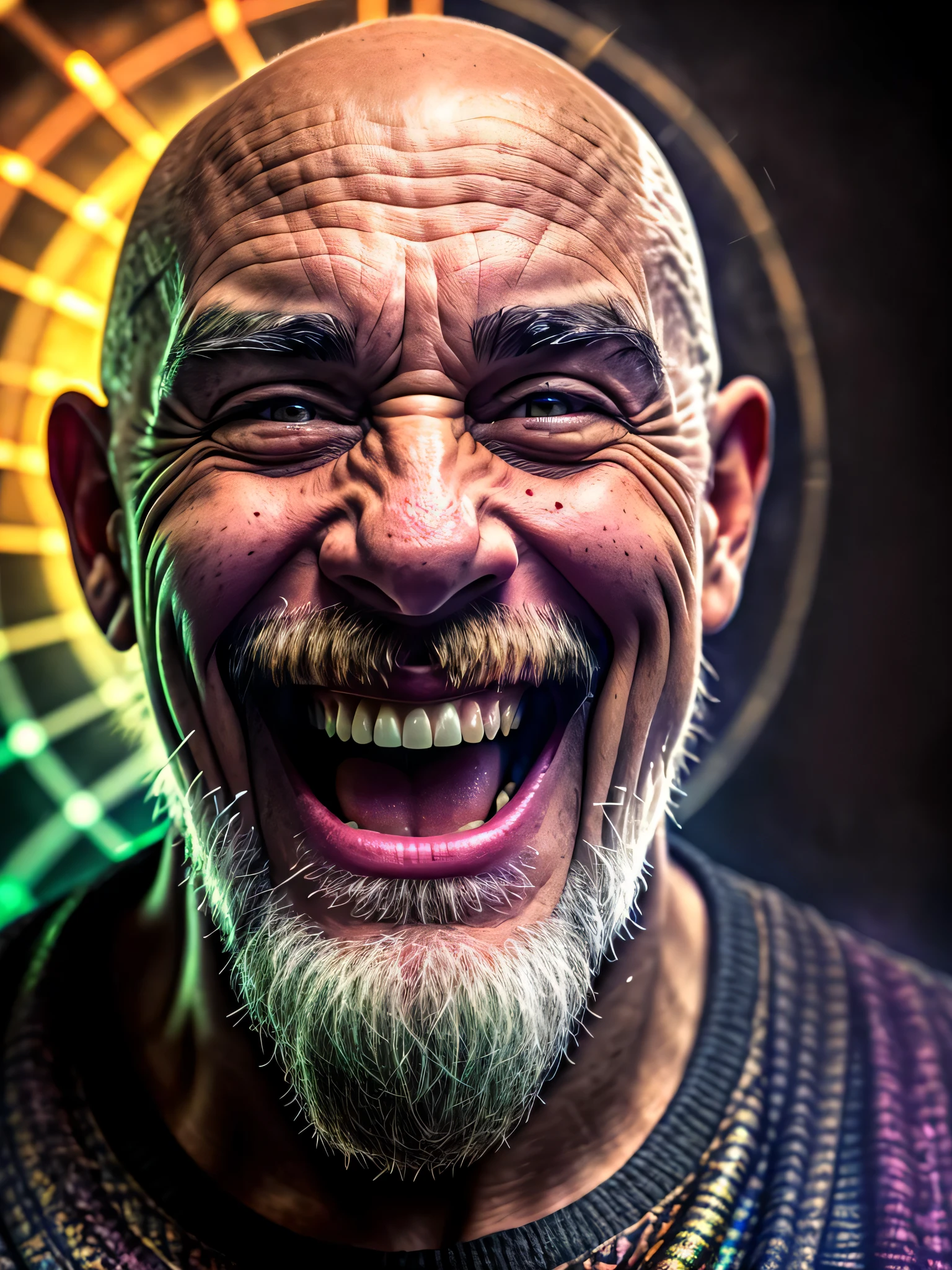 a portrait of a laughing, toxic, muscle, god, elder, (hdr:1.28), bald, hyperdetailed, cinematic, warm lights, intricate details, hyperrealistic, dark radial background, (muted colors:1.38), (neutral colors:1.2)