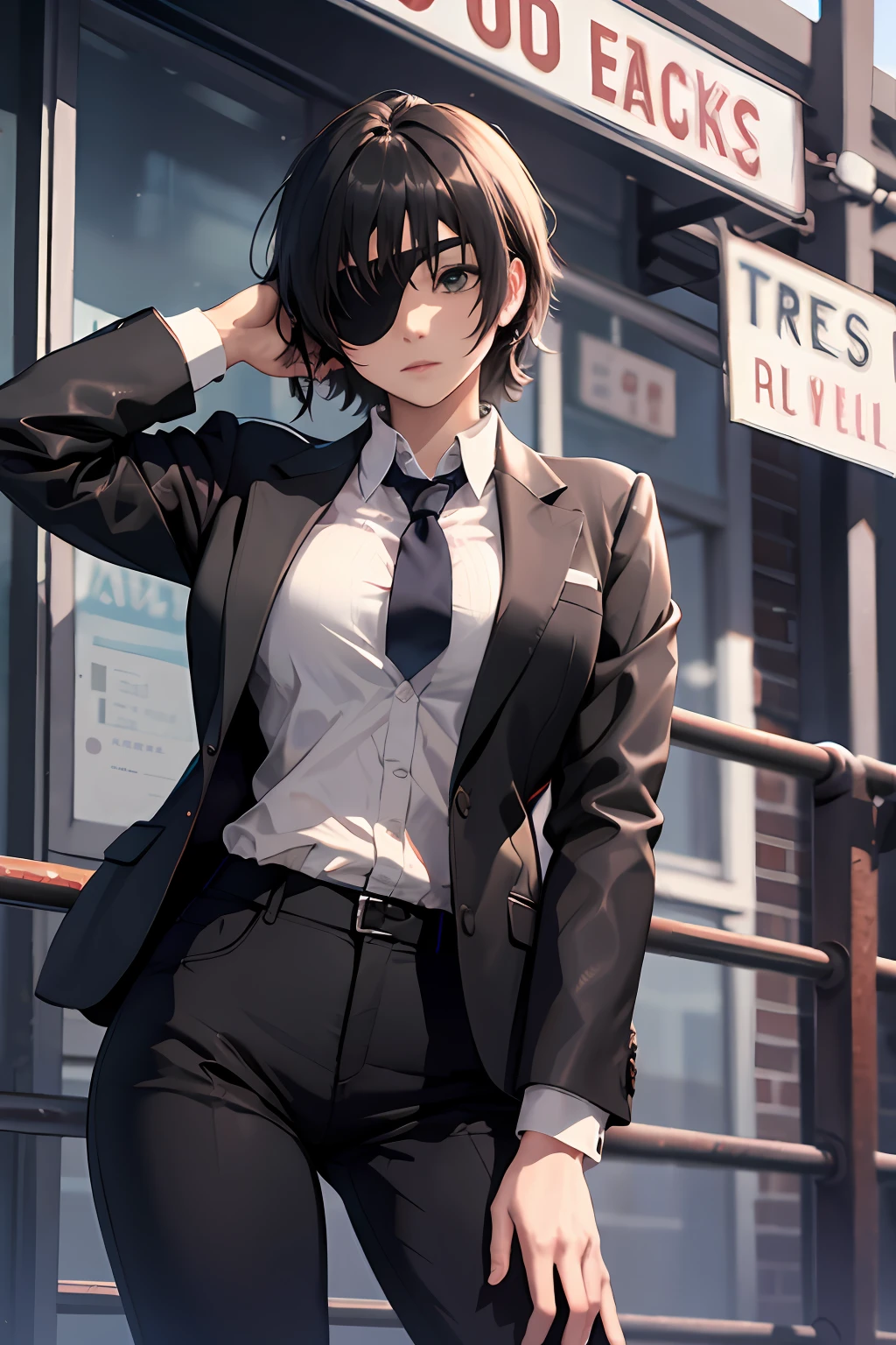 masterpiece, best quality, highres, hmn1, eyepatch, breasts, necktie, collared shirt, black jacket, black pants, cowboy shot, standing, outdoors,