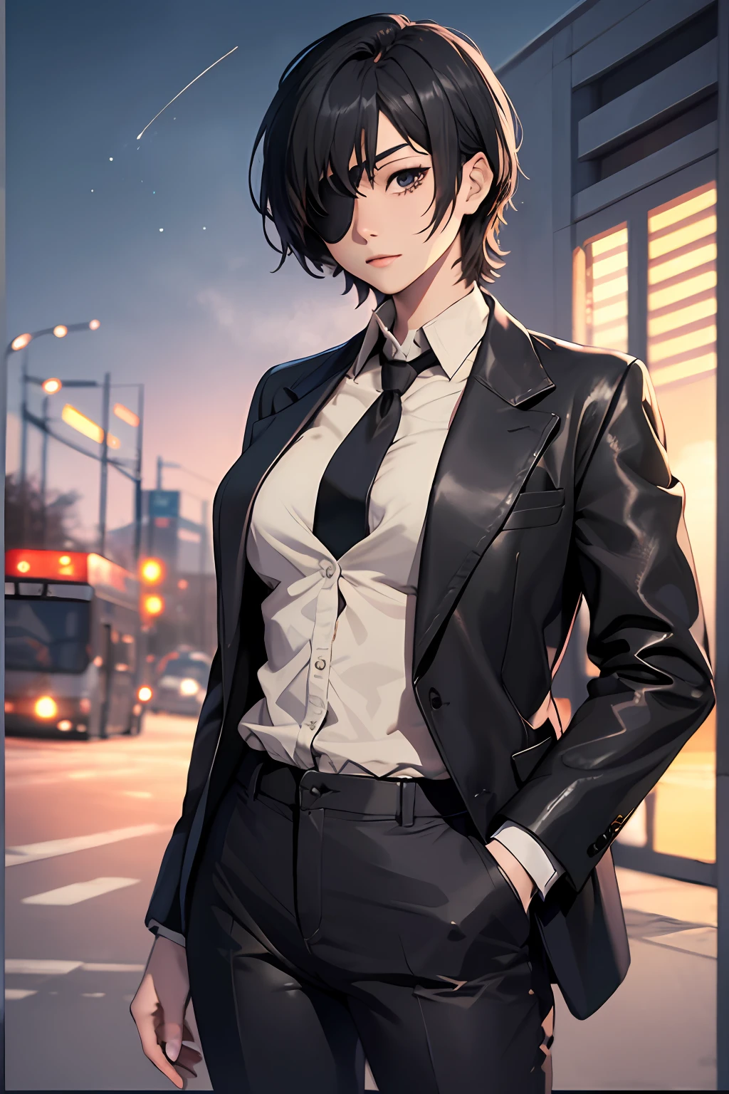 masterpiece, best quality, highres, hmn1, eyepatch, breasts, necktie, collared shirt, black jacket, black pants, cowboy shot, standing, outdoors,