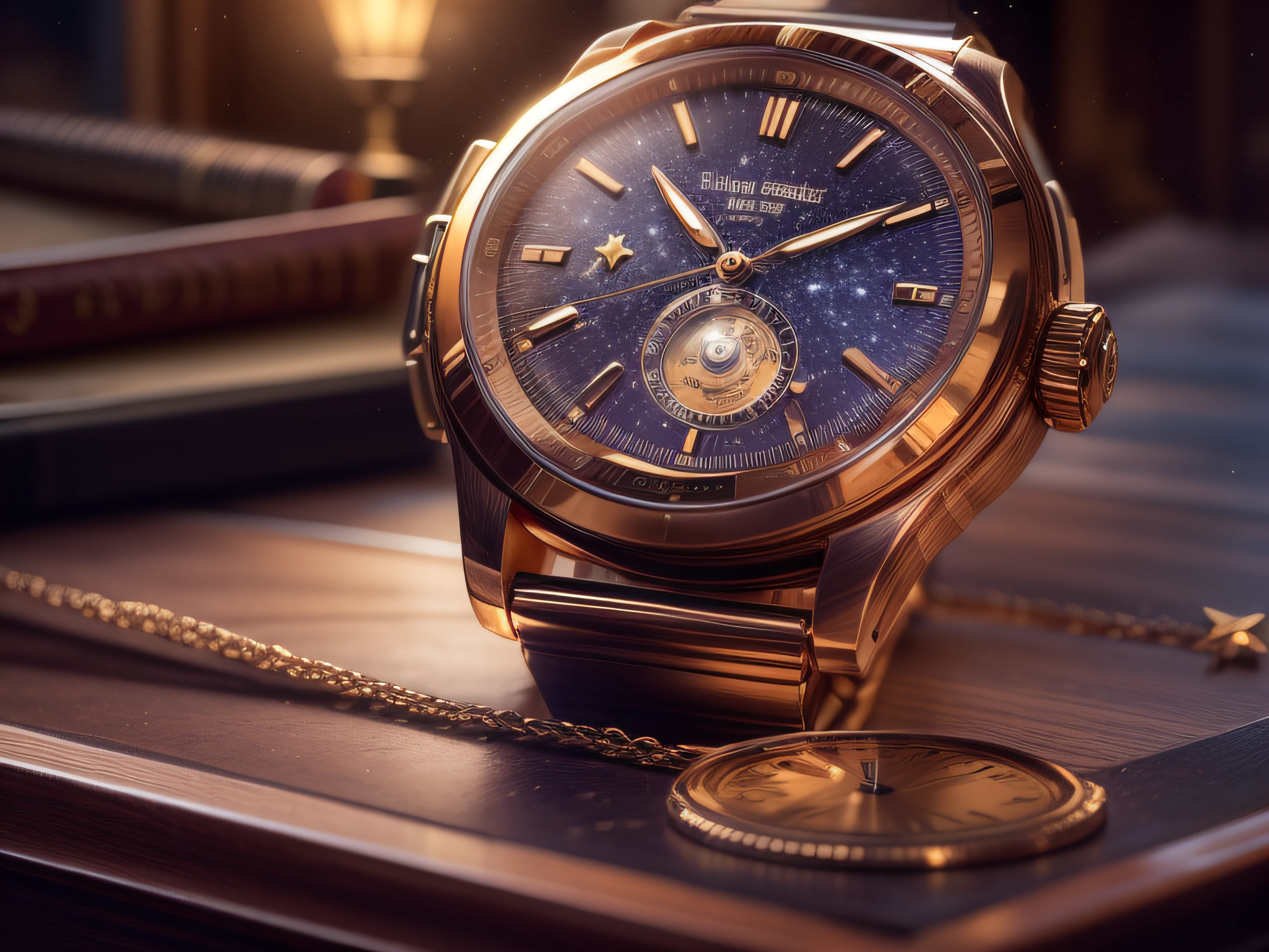 Close-up on a beautiful Patek Phillipe watch, on top of a wooden office desk, Lurid lighting, richly detailed clock, hiper realista, luxury watch, 3D-rendering, obra-prima, NVIDIA, RTX, ray-traced, Bokeh, Night sky with a huge full moon seen through the window, estrelas brilhando, 8k,
