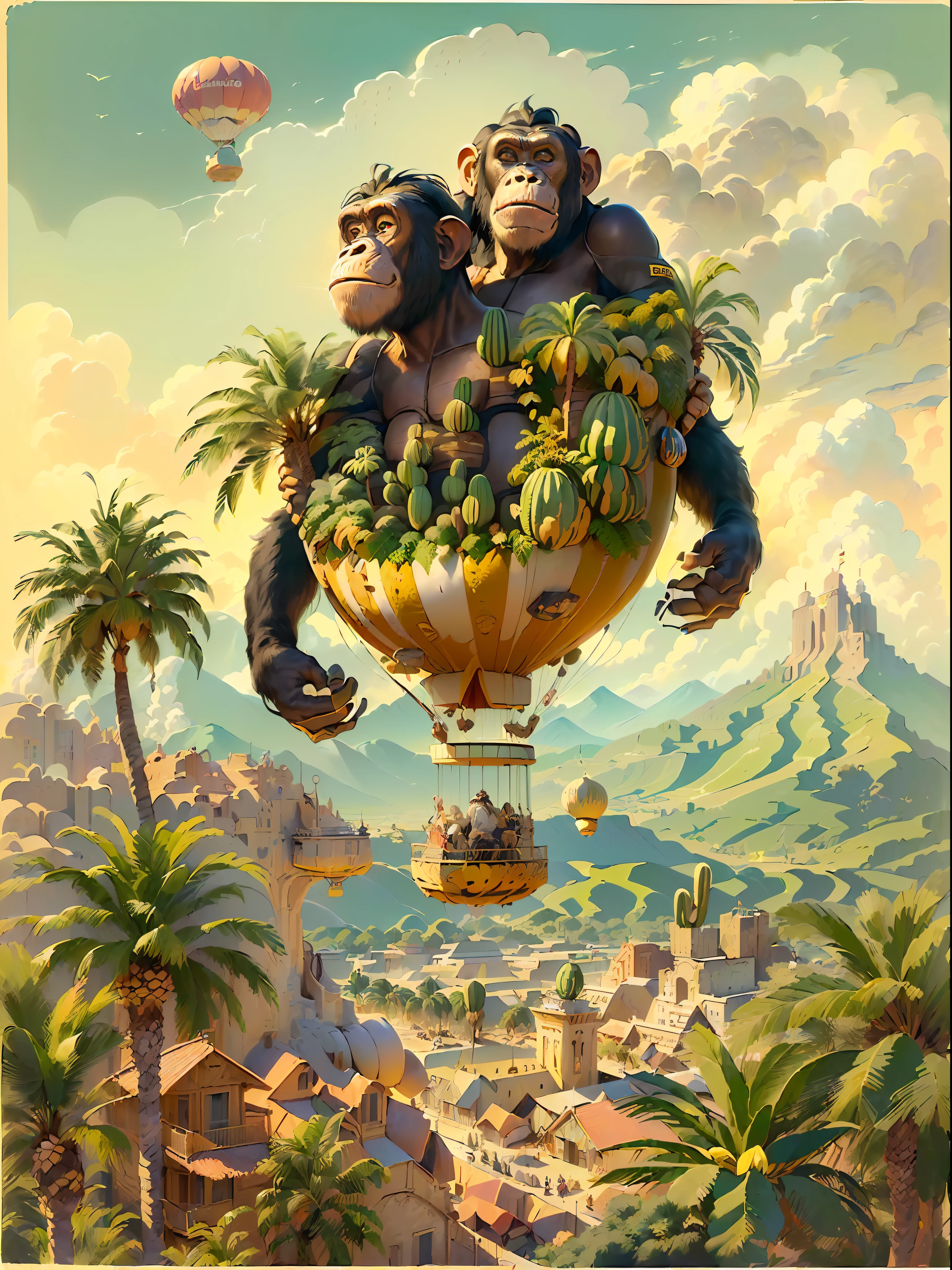 (((melhor qualidade)),, An illustration with a banana-shaped blimp flying over phoenix canariensis palm trees (((blimp with chimpanzee head)),,,(((muitas palmeiras phoenix canariensis))) ,,, Hot steam balloons, Sky with fluffy clouds,, sharp foccus ilustration, hiper-realismo, finely detailed illustration, inspirado em Charles W. Bartlett, scientific illustration, campo de profundidade, cauda de fluxo longo, full-colour illustration, Adepto de Silvergill, gravura em litografia colorida, por Charles W. Bartlett, a hyper-realistic illustration of, jules julien, Tiago Collinson, por Tim Hildebrandt