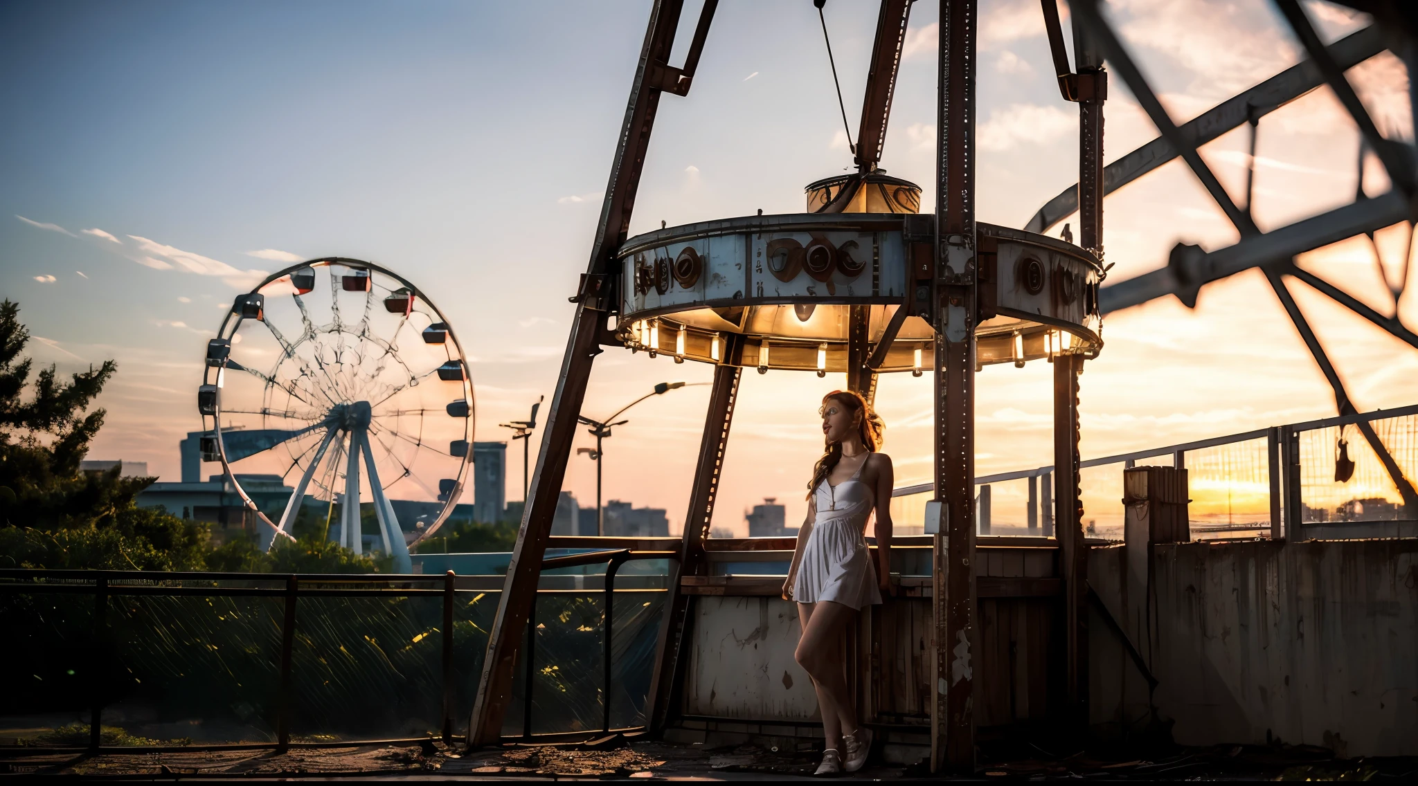 (8k, RAW photo, highest quality, masterpiece: 1.2), (realistic, photorealistic: 1.37), ((1 girl Lolita, sad eyes)), ((full body)), ((naked)), ((cinematic)) ((melancholy)) ((sunset sun rays)), ((as background an abandoned amusement park)) reclaimed by nature, with rusted roller coasters and a carousel frozen in time, ((huge Ferris wheel)), (in the distance a large blurry city) 8k, sharp, masterpiece, professional lighting, photon mapping, with a lot of lashes, lame on the eyelids, bright red lips,,