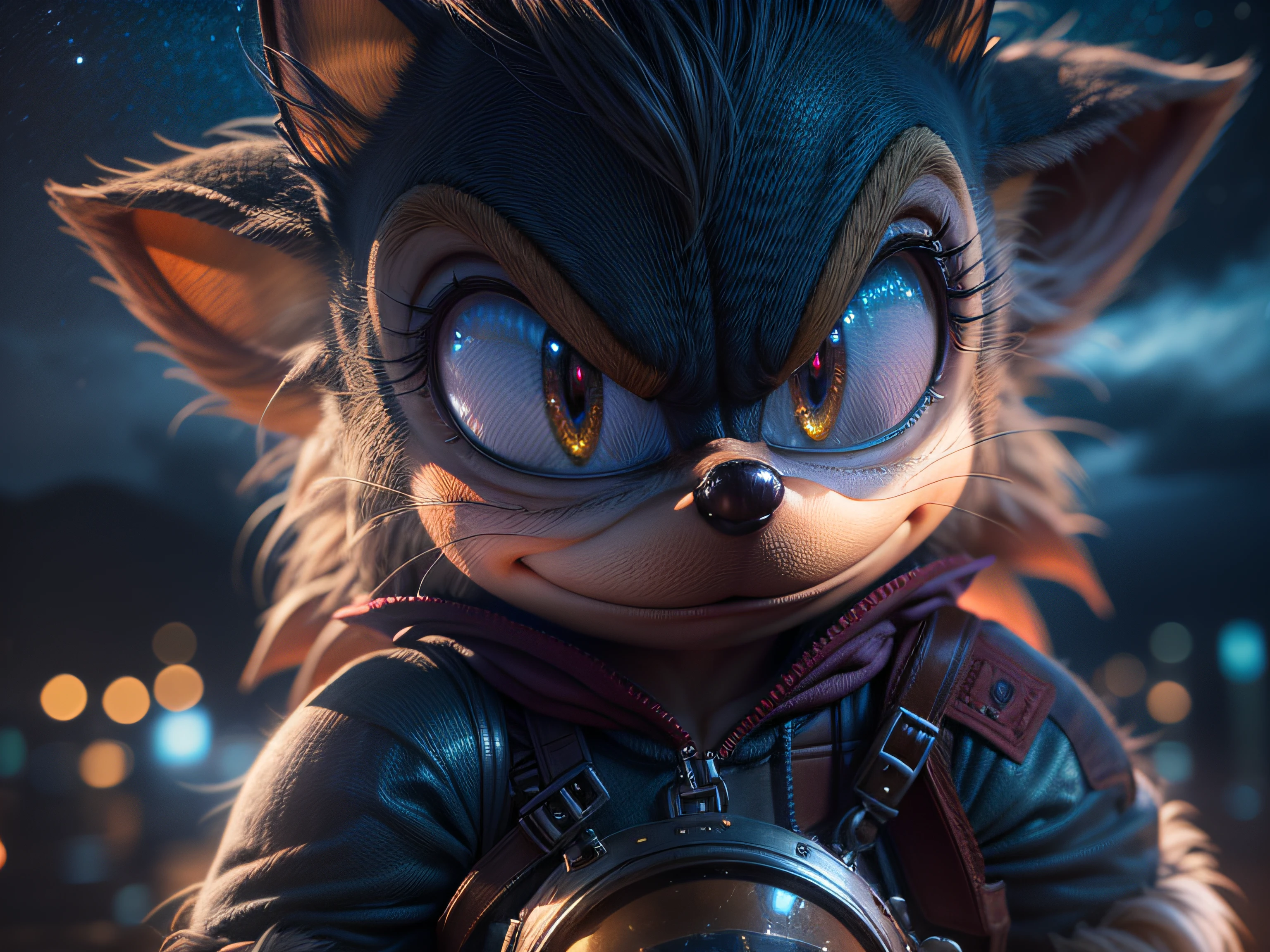 Close a powerful threat, Sonic's imposing appearance, The Hedgehog, menacing stare, ricamente detalhado, Hiper realista, 3D-rendering, obra-prima, NVIDIA, RTX, ray-traced, Bokeh, Night sky with a huge and beautiful full moon, estrelas brilhando,