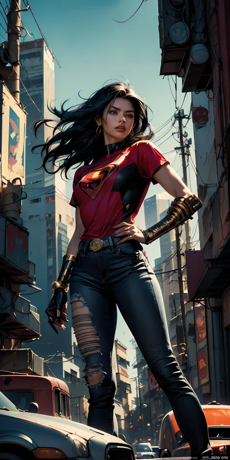 Movie poster, mike deodato style ((detailed skin)) (((A young latin woman with long size black hair in superhero pose with red T...
