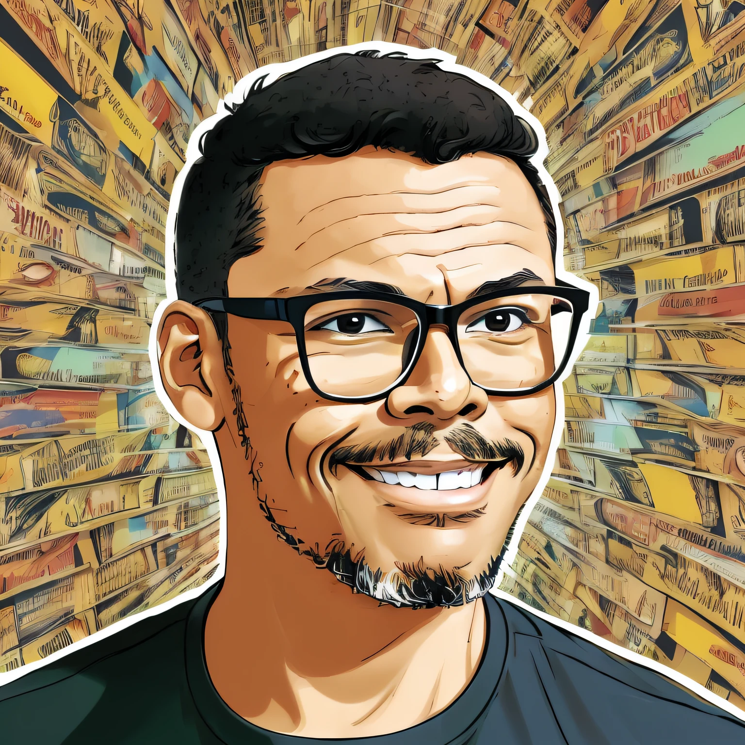 guttonerdjul23, 2d illustration of light brown-skinned man wearing glasses, seductive smile, black t-shirt, short hair, brown eyes, cartoon style, comic book background, blur background