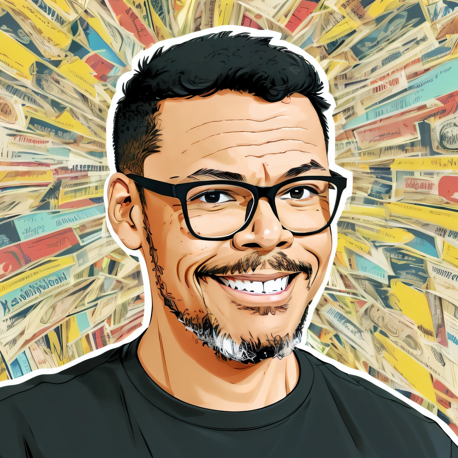 guttonerdjul23, 2d illustration of man, light-skinned, wearing glasses, smiling, black t-shirt, front view, short hair, brown eyes, cartoon style, comic book background, blur background