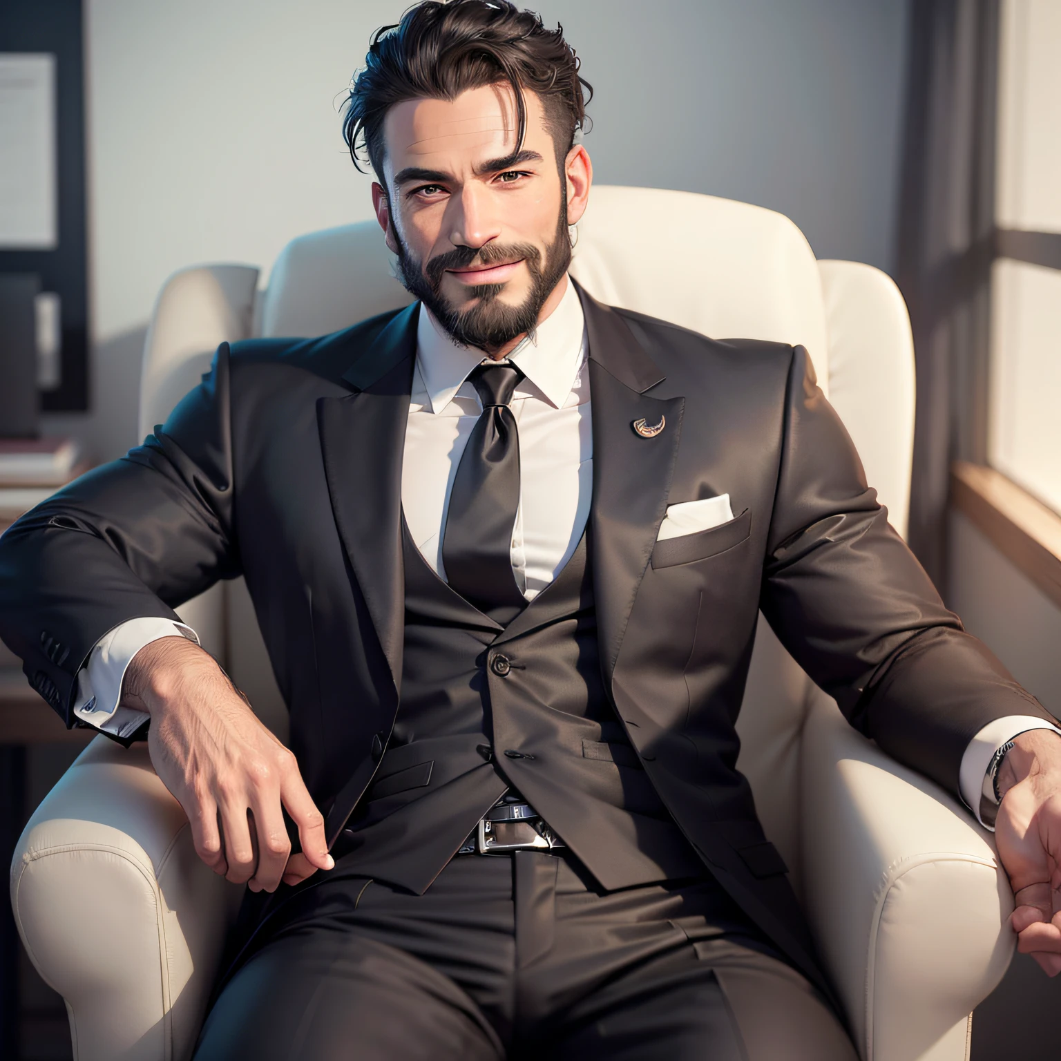 ((half body)) Photo RAW Ceo Man sitting in an office chair, wearing ...