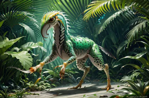 four-legged creature, predator creature with (long monkey tail), slim like Cheetah with green feathers and beak. predator creatu...