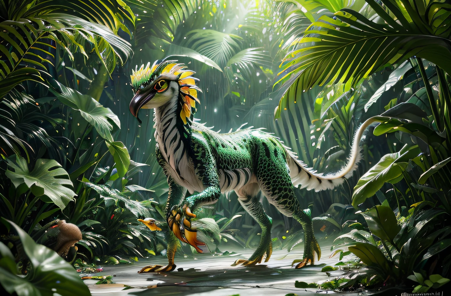 four-legged monkey creature, predator creature with (long monkey tail), slim like Cheetah with green feathers and beak. predator creature like gepard with feathers ((four legs)) slender, long body with feathers, green gepard body with feathers, long legs creature with transparent and lighting body, walking on all six legs, (((cuttlefish head))), ((four eyes)),jellyfish transparent body, 4 leghs, in the jungle, jungle, rain forest, high image quality, realistic look, high-resolution photography, 8K, full-frame matrix, deep shadows, ((one character)), (intricate details, subsurface scattering, hyperdetailed:1.15), (hyperrealism, volumetric lighting, sharp:1.5) Fujifilm XT3