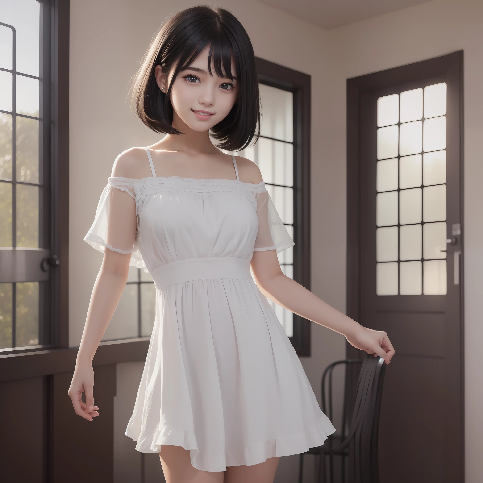 최고 품질의 CG 일러스트레이션을 가진 아름다운 십대 소녀의 이미지。고해상도、아름다운 디테일、고요한 분위기。(((검은 머리 보브 헤어)))、입을 다물고 웃는 귀여운 미소。하얀 빛 반팔 드레스를 입은 소녀가 방에 서 있다。