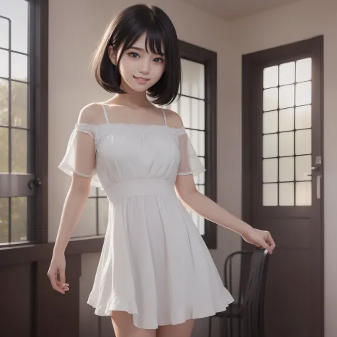 Image of beautiful teenage girl with top quality CG illustration。In high resolution、Beautiful fine details、tranquil atmosphere。(((Black Hair Bob Hair)))、Cute smile with mouth closed。Girl in white light short sleeve dress standing in room。