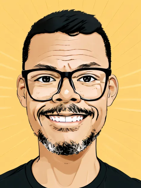 guttonerdjul23, 2d illustration of man, light-skinned, wearing glasses, smiling, black t-shirt, front view, looking directly at ...