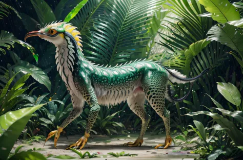 four-legged creature, predator creature with (long monkey tail), slim like  baboon and cheetah with green feathers and beak. pre...