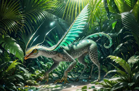 four-legged creature, predator creature with (long monkey tail), slim like  baboon and cheetah with green feathers and beak. predator creature like gepard with feathers ((four legs)) slender, long body with feathers, green gepard body with feathers, long l...