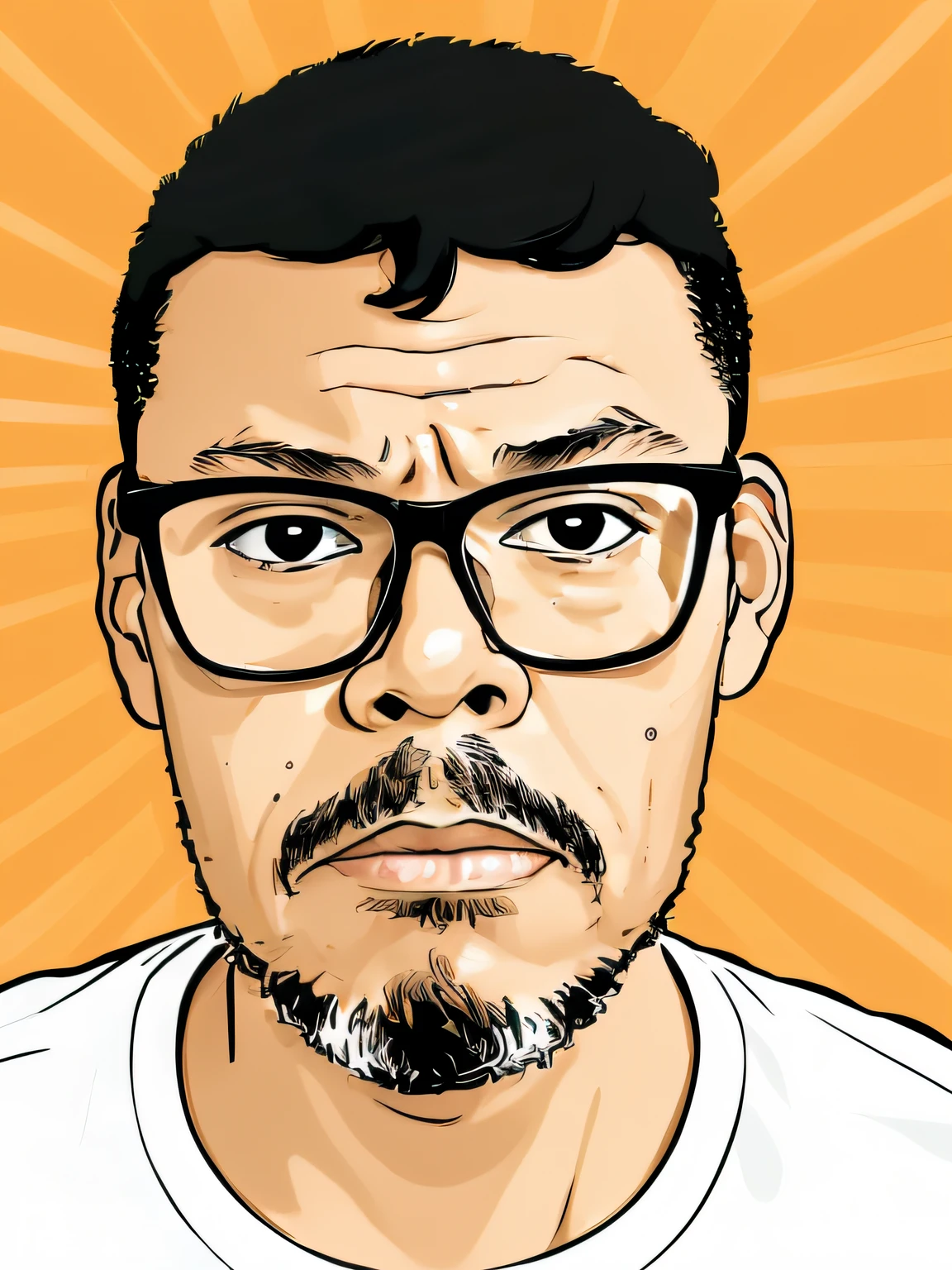 guttonerdjul23, 2d illustration of man, light-skinned, wearing glasses, crying, black t-shirt, front view, looking directly at viewer, short hair, brown eyes, cartoon style, comic book background, blur background