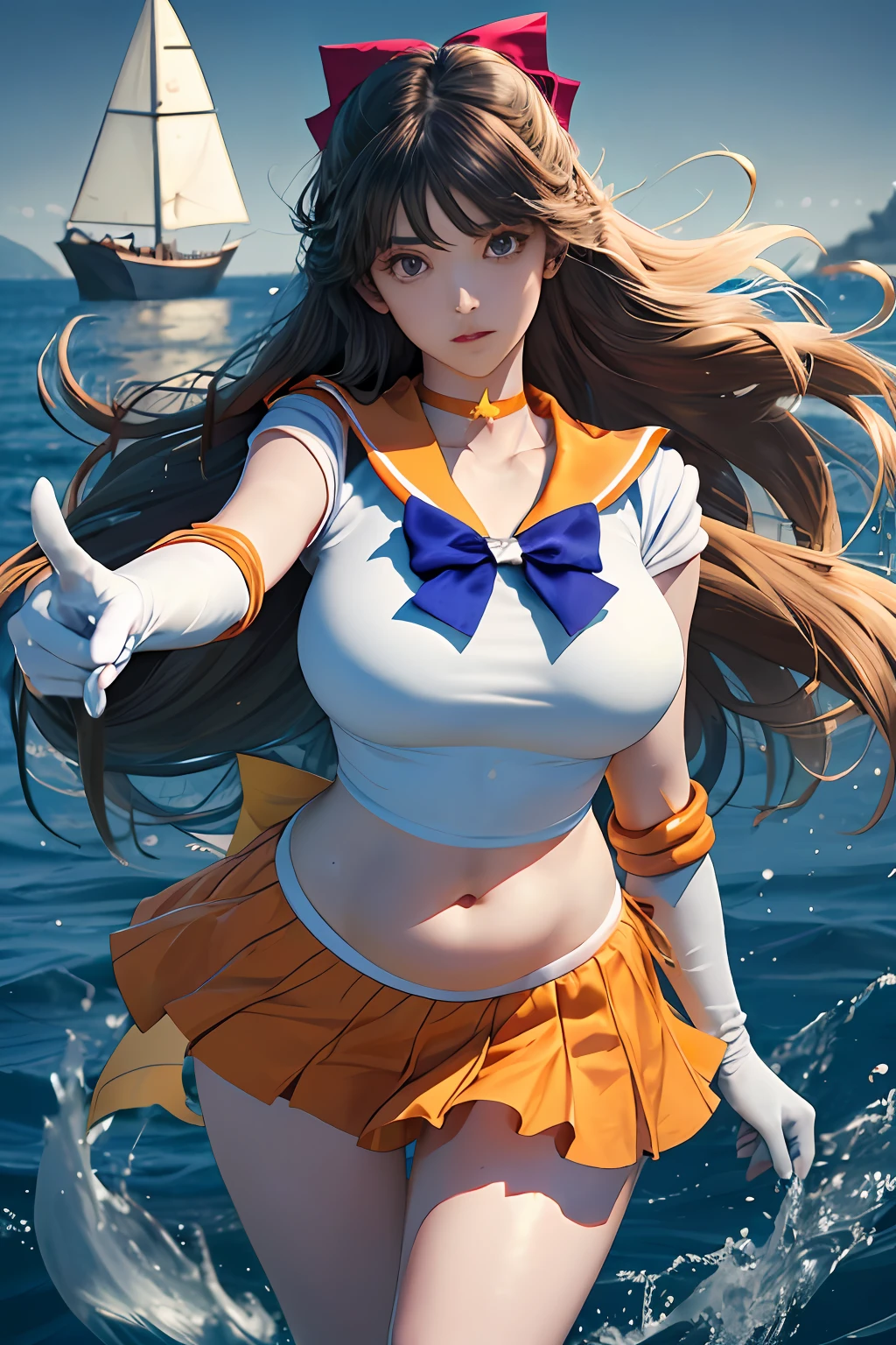 SAMA1、tiarra、Sailor Senshi Uniform、white glove、orangesailorcollar、orangeskirt、star choker、elbowgloves、pleatedskirt、Bare legged、white panty、Beautiful facial features、Beautiful bust、Beautiful belly button、beautiful thigh、Beautiful eyes、９purple bow、
sea side,(mars_\(planetes\)),floating_hair,pointing_to_the_side,leg_up,,Insane details,intricate detailes,Hyper-detailing,ultra -detail,Extreme Detail,Highest detail,high_detail,colourfull,Beautiful fece,HDR,Photorealsitic,Hi-Res,ultra_high_res,a picture,aesthetics,extremely_delicate,,1girl in,独奏,huge tit,Look at viewers,wide_shot,(​masterpiece:1.3),(best_quality:1.3),(ultra_detailed:1.3),8k,extremely_clear,