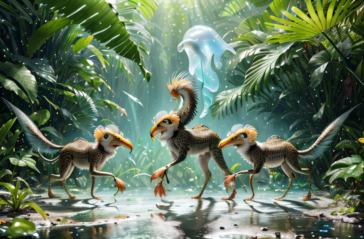 four-legged fast lower baboon creature, predator creature with (long monkey tail), slim like baboon and cheetah with green feathers and beak. predator creature like gepard with feathers ((four legs)) slender, long body with feathers, green gepard body with feathers, long legs creature with transparent and lighting body, walking on all six legs, (((cuttlefish head))), ((four eyes)),jellyfish transparent body, 4 leghs, in the jungle, jungle, rain forest, high image quality, realistic look, high-resolution photography, 8K, full-frame matrix, deep shadows, ((one character)), (intricate details, subsurface scattering, hyperdetailed:1.15), (hyperrealism, volumetric lighting, sharp:1.5) Fujifilm XT3