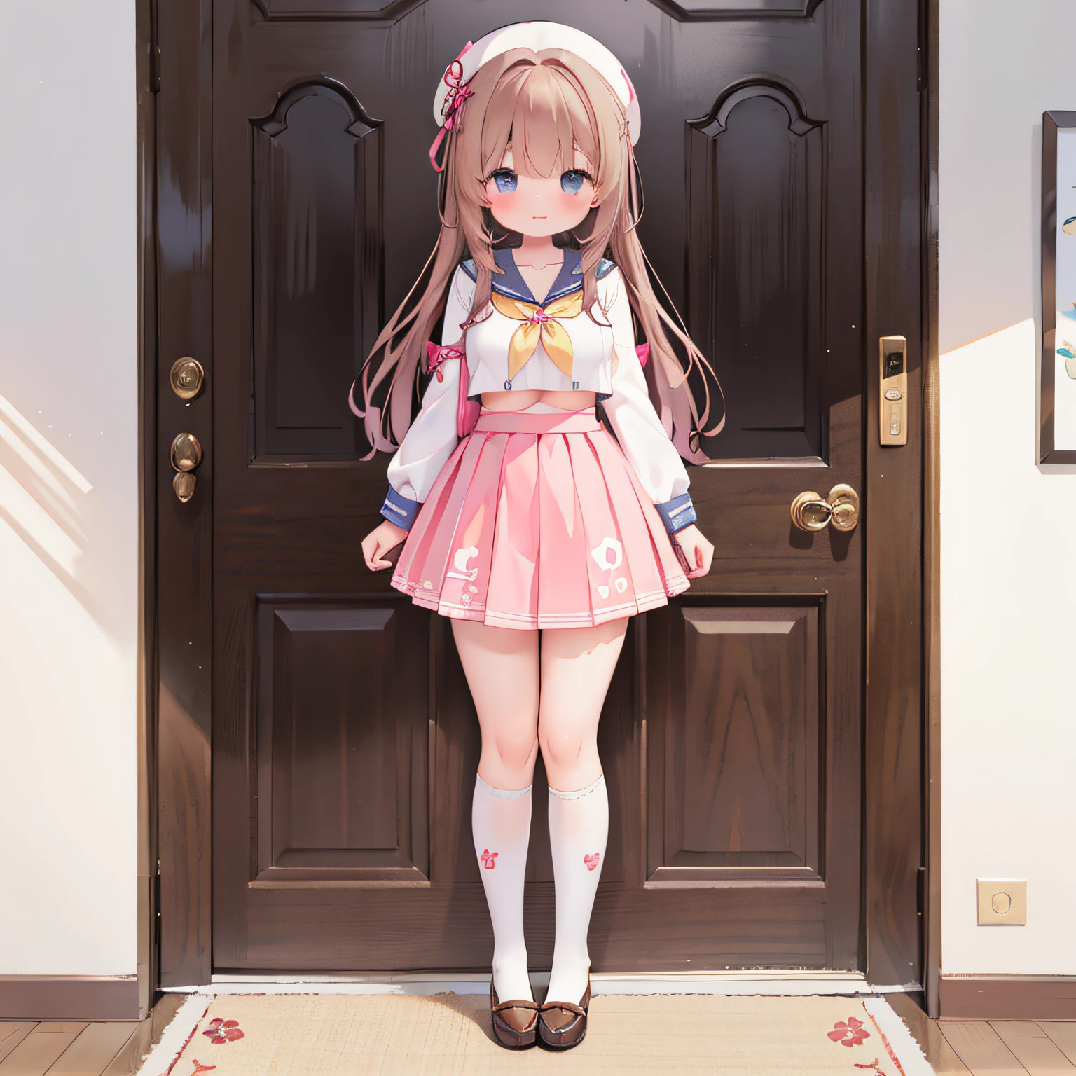 Standing painting，Chiquita，Flat chest，Short stature， huge breasts cleavage，frontage，full body pov，standing on your feet，White tunic，Pink sailor collar，Uniforms，a sailor suit，pleatedskirt，pinkskirt，white stockings，Brown hair，long and flowing hair。female focus，Fresh and lovely。