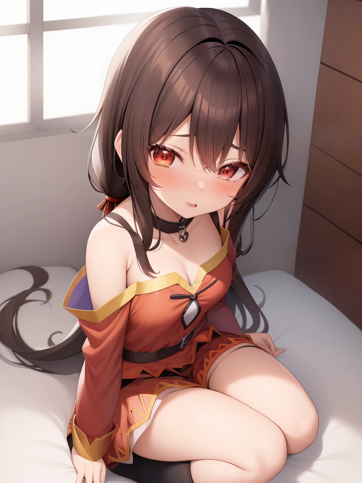 Anime girl agenouillée sur le sol dans une jupe courte et une cravate rouge, look anime d&#39;une jolie fille, art cg animé doux, belle lycéenne anime, la fille animée est accroupie, menina Megumin dans l&#39;anime Konosuba bonito, un étudiant hyperréaliste, belle fille anime accroupie,  jeune anime, style artistique anime moe, rendu photoréaliste d&#39;une fille animée, les yeux rouges, cheveux bruns, cheveux courts