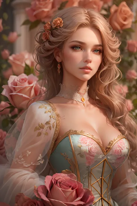 This is realistic fantasy artwork set in the castle's enchanted rose garden. Generate a proud woman with a highly detailed face dressed in the billowing folds of a stunning French silk ballgown. The woman's sweet face is ((((highly detailed, with realistic...