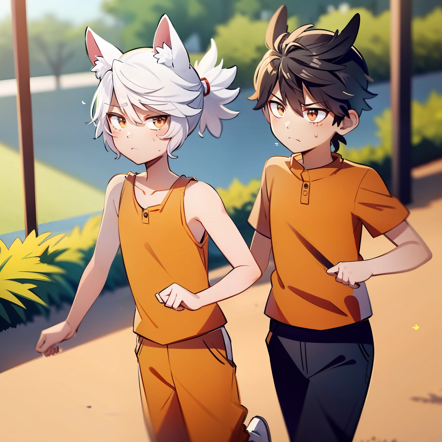 Chico y chica anime caminando juntos en un parque. - SeaArt AI